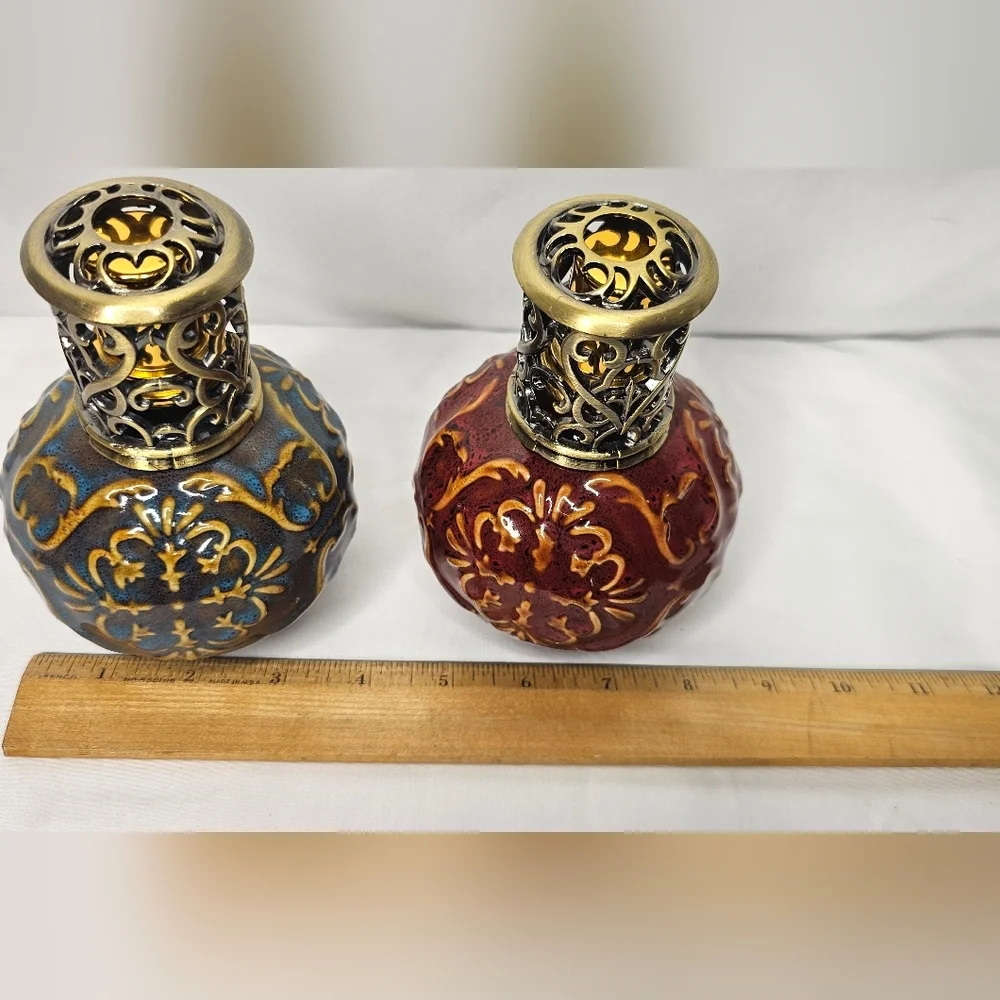 Vintage Ceramic Diffusers With Ornate Metal Scroll Lid Blue & Maroon
